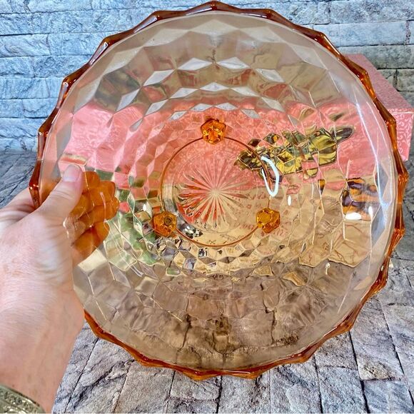 Vintage Large Pink Depression Glass Footed Bowl Cubed Pattern Salad Bowl - Picture 8 of 9